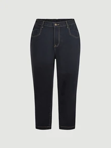 LUMIGAL Plus Size Women's Casual Cropped Jeans With Pocket And Vintage Button Design - Black - View 7