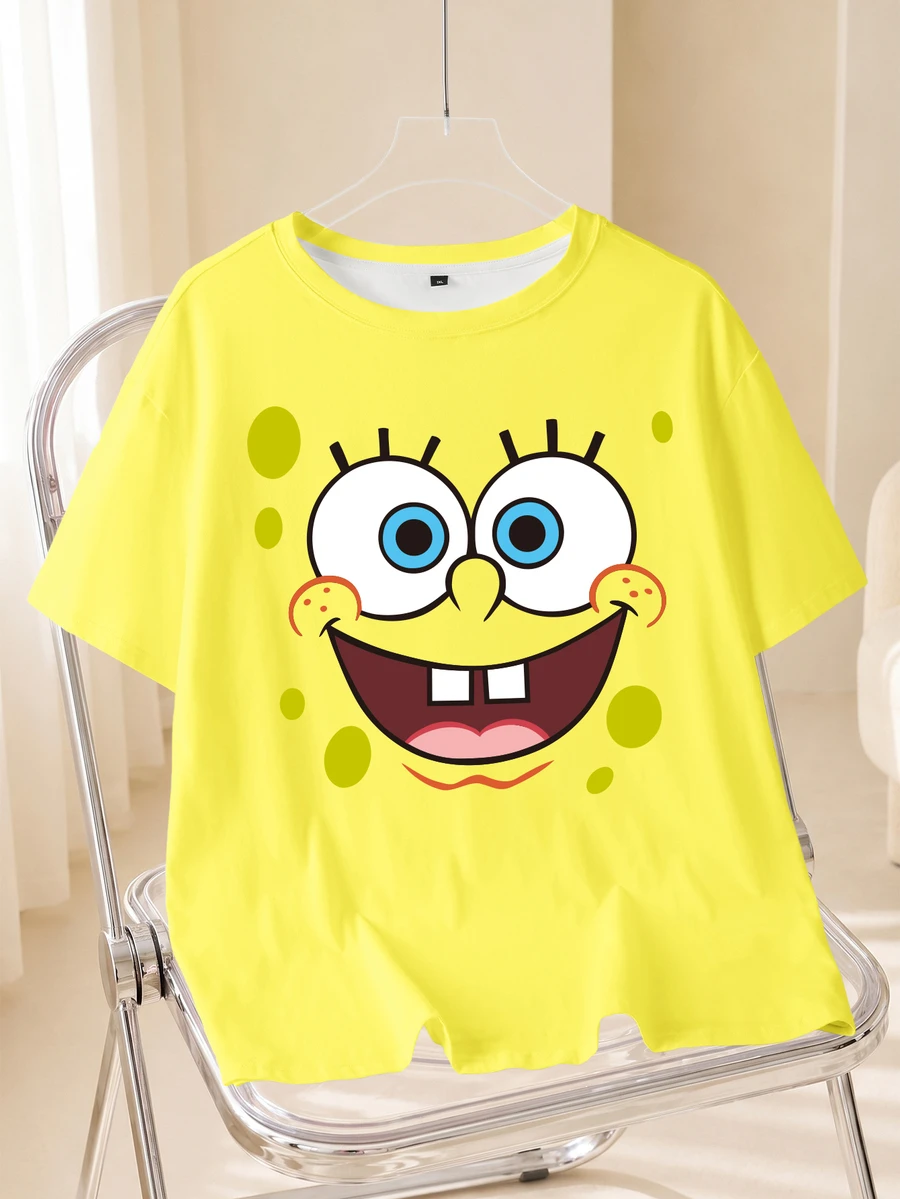SpongeBob SquarePants | SHEIN 大尺碼女款卡通印花休閒日常短袖T恤 - 白色 - 查看 1