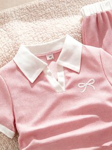 SHEIN Sparklyn Tween女孩 2件/套 英倫風對比領兩件套，華夫格針織面料，上衣配白色對比領... - 粉色 - 查看 3