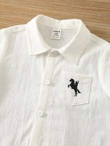 SHEIN Baby Boy Baby Girl Baby Boy White Shirt With Horse Pattern, Collared Long Sleeve Button-Up Top, Suitable For Back To School Season And Wedding Occasions - White - View 5
