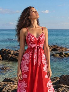 CAJUNI Women's Floral Print Casual Daily Summer Spaghetti Strap Dress - Red - View 6