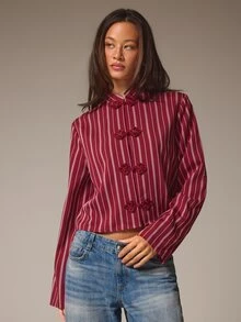 Athîral Women's Casual Burgundy Striped Frog Button Shirt, Suitable For Autumn Wear, Business Casual Or Professional Style - Burgundy - View 1