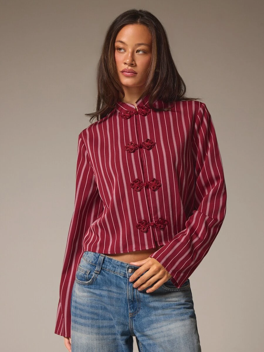 Athîral Women's Casual Burgundy Striped Frog Button Shirt, Suitable For Autumn Wear, Business Casual Or Professional Style - Burgundy - View 1