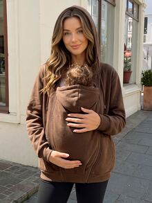 SHEIN Solid Color Long Sleeve 3-In-1 Maternity Jacket For Home Pregnancy Vacation, Autumn/Winter Brown Dressy Baggy - Coffee Brown - View 7
