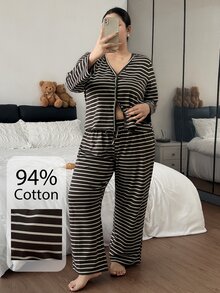 Napfluff CURVE Napfluff CURVE Plus Size Women's Cotton Striped Button-Front Pajama Set, Casual Loungewear - Chocolate Brown - View 4