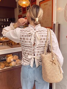 Vivid Eden French Style Boho Romantic Contrast Color Ruffle Trim Stand Collar Blouse, Gentle Floral Striped Short Top With Flared Ruffle Sleeves Brunch Fall - Brown - View 2