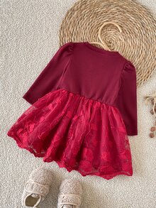 SHEIN Baby Girl Puff Long Sleeve Bow Front Floral Lace Spliced Fall Winter Party Dress - Red - View 2