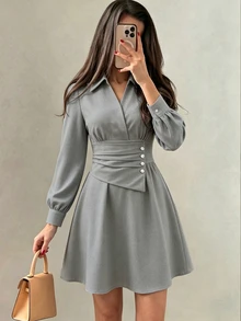 Modelyn Women's Elegant Casual Versatile Light Gray V-Neck Shirt Sleeve Waist Panel Button Design Short Dress For Spring And Autumn, Suitable For Daily Wear And Parties - Light Grey - View 4