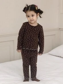 DAZY Infant/Toddler (Girl) Hooded All-Over Print Korean Style Long Sleeve 2 Pieces Loungewear Set - Coffee Brown - View 3