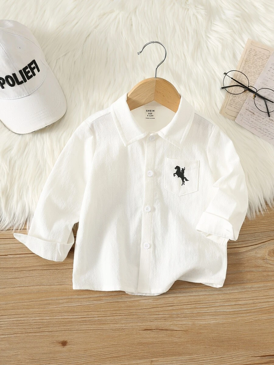 SHEIN Baby Boy Baby Girl Baby Boy White Shirt With Horse Pattern, Collared Long Sleeve Button-Up Top, Suitable For Back To School Season And Wedding Occasions - White - View 1