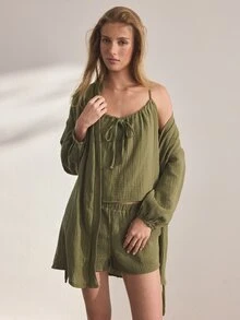 Ocili 舒適純棉柔軟網眼雙層細肩帶背心短褲睡衣套裝 女款居家服 - 墨綠色 - 查看 6