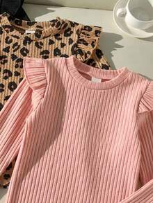 3pcs Young Girl 4-8Y Streetwear Ruffle Leopard Rib-Knit Long Sleeve Cozy Fleece Hoodies Tops Tees School Outdoor Play Fall Winter - Multicolor - View 11