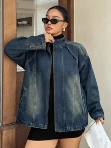 Dazy Plus Plus Size Women's Casual Daily Vintage Denim Jacket - Dark Wash - View 5