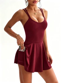 SHEIN Dewbera 女款極簡街頭運動連身裙 - 酒紅色 - 查看 9