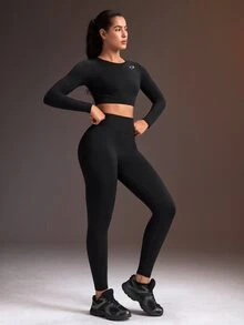 Powerista Women's Minimalist Long Sleeve Top And Fitted Leggings Sports Set - Black - View 4