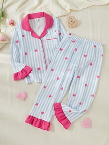 SHEIN 女童愛心條紋印花上衣與荷葉邊褲腳睡衣套裝 - 彩色 - 查看 6