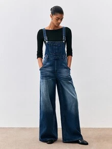 ATUI Studio Women's Loose Wide Leg Casual Versatile Denim Overalls With Pockets - Medium Wash - View 7
