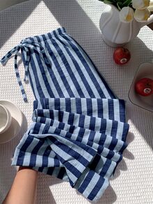 SHEIN EZwear Plus Size Striped Colorblock Drawstring Waist Pants For Daily Wear - Royal Blue - View 5