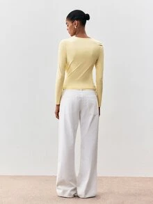 ATUI Studio Women's Korean Style Pleated Long Sleeve T-Shirt For Daily Wear - Yellow - View 2