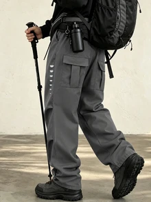 Gym Rark Men's Functional Casual Long Pants, Drawstring Elastic Waist Loose Fit, Reflective Detail Outdoor Hiking Travel Sports Pants - Dark Grey - View 2