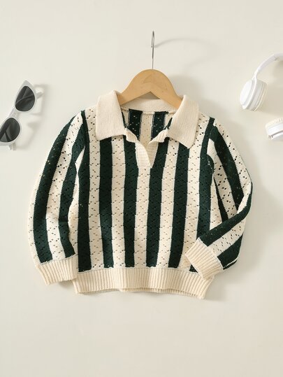 SHEIN Suéter tipo polo de manga larga con cuello polo a rayas de colores para niño joven, estilo universitario, suéter a rayas verde, suéter para niños, otoño/invierno