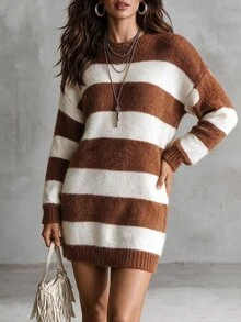 Solivie Women's Autumn/Winter Mink Fur Dress, Camel Color Striped - Camel - View 5