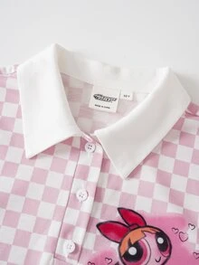 THE POWERPUFF GIRLS X SHEIN Tween Girl Polo Collar Checkered Short Sleeve Ruffle Hem Dress - Pink - View 4