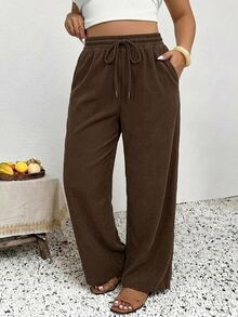SHEIN Frenchy Plus Size Women's Drawstring Waist Casual Everyday Long Pants - Brown - View 6
