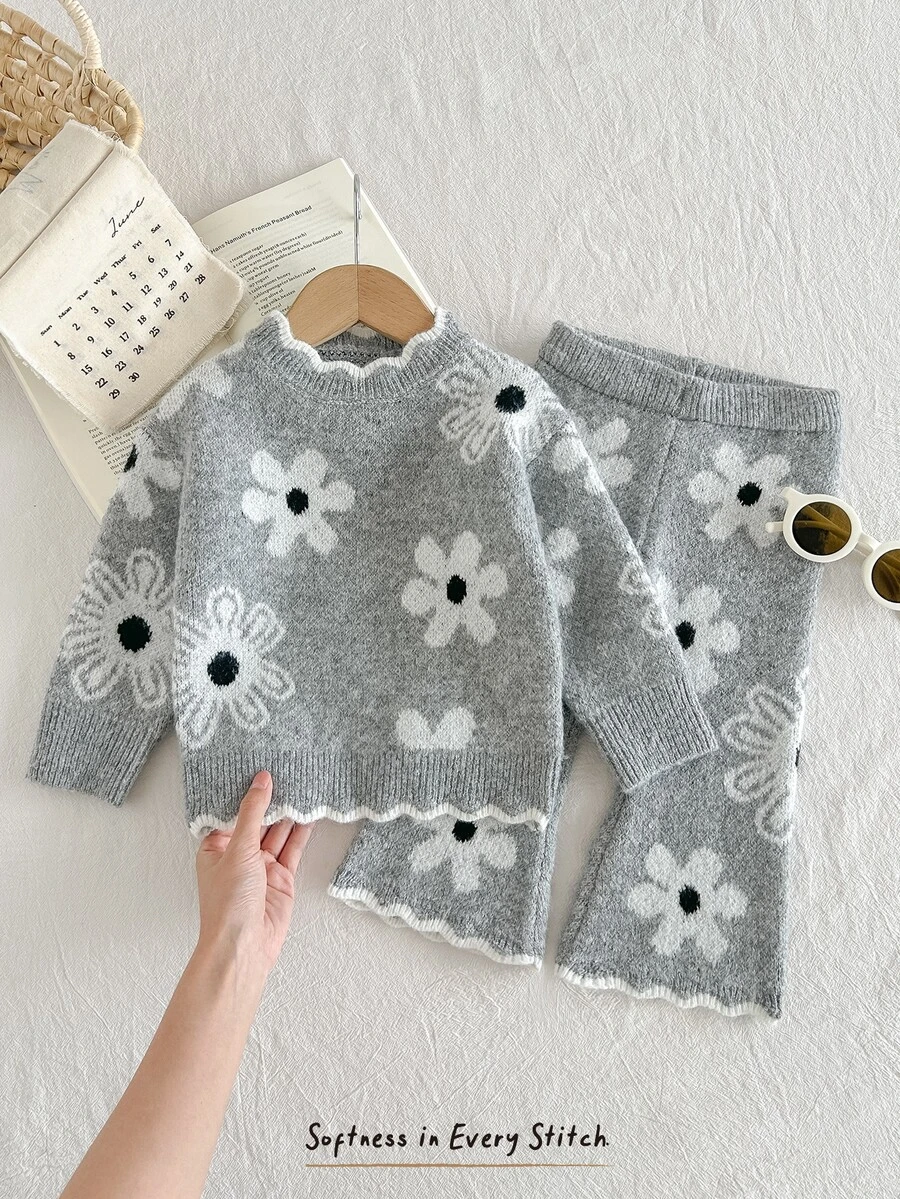 Cozy Pixies Setelan 2 Potong untuk Bayi Perempuan: Sweater Rajut Motif Bunga Lucu dan Celana Panjang Model Flare Pas Badan - MultiWarna - View 1