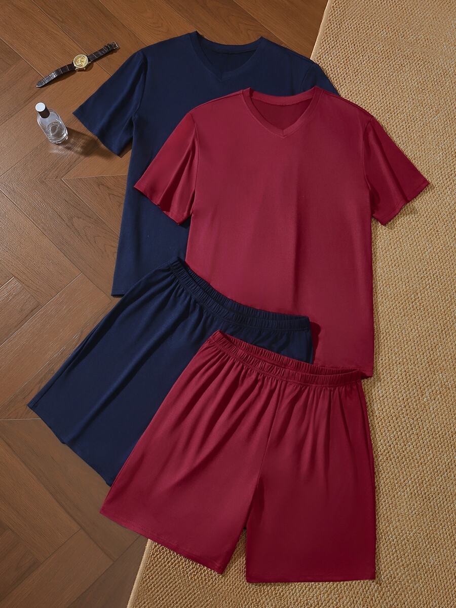SHEIN 男士極簡短袖上衣與短褲家居服 4 件套 - 彩色 - 查看 1
