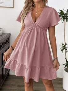 SHEIN 女款夏季中長版V領杏色荷葉袖百褶孕婦洋裝 - Rose Clay - 查看 4