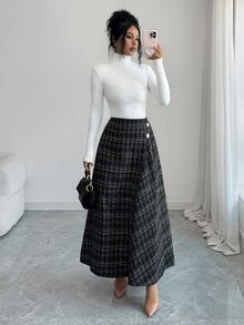 Elenzga Women's Autumn/Winter Vintage Plaid Tweed Skirt With Metal Buttons, Asymmetric Front Placket, Draped A-Line Silhouette - Black and White - View 8