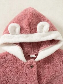 SHEIN 1件女嬰毛絨外套 可愛甜美公主風 粉色 3D熊耳朵 壓褶下擺 毛絨長袖連帽加厚款 冬季秋季節日波爾多紅 - 粉色 - 查看 6