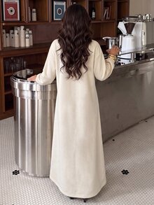 Mulvari Eggshell-Colored Collar Half-Zip Green Lettered Fleece Color-Block Long-Sleeved Casual Dress Fall/Winter - Apricot - View 7