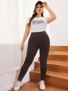 SHEIN EZwear 秋冬休閒巧克力棕大尺碼緊身褲 - 巧克力棕 - 查看 4
