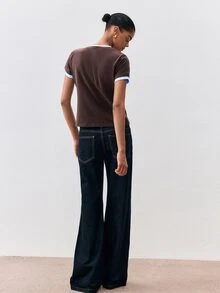 ATUI Studio 女款拼色圓領短袖休閒百搭T恤 - 咖啡棕 - 查看 2