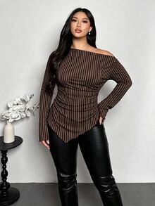 Firerie Plus Size Women's Asymmetrical Shoulder Striped Casual Daily Long Sleeve T-Shirt - Multicolor - View 2