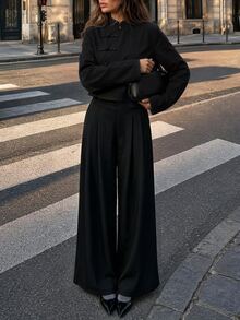 SHEIN PariChic New Chinese Style Black Suit Set For Women, Stand Collar Frog Button Short Blazer + High Waist Wide Leg Pants, Zen Inspired 2 Pieces Set - Black - View 3