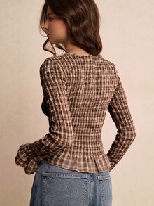 Poéselle 女款格紋百褶休閒百搭日常通勤襯衫 - 卡其色 - 查看 2