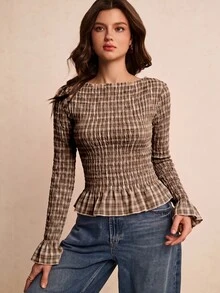 Poéselle 女款格紋百褶休閒百搭日常通勤襯衫 - 卡其色 - 查看 5