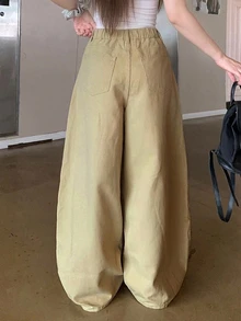 Dazy Plus Casual Loose Wide Leg Curved Hem Multi-Button Spring Autumn New Denim Jeans - Khaki - View 2