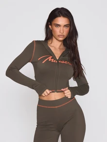 MUSERA Graphic Logo Front Zip Through Fitted Contrast Seam Hooded Top Autumn Winter Fall Coolgirl Holiday Everyday Roadside Renegade - Green - View 1