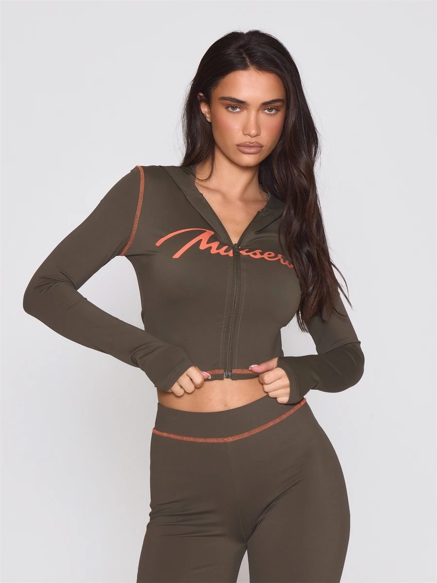 MUSERA Graphic Logo Front Zip Through Fitted Contrast Seam Hooded Top Autumn Winter Fall Coolgirl Holiday Everyday Roadside Renegade - Green - View 1