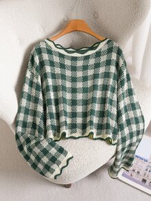 Story & Sage 女款棋盤格休閒秋冬長袖寬鬆毛衣，女款棋盤格休閒毛衣，秋冬休閒聖誕節女款毛衣 - 墨綠色 - 查看 5