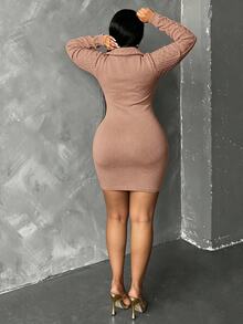 Maweii Plus Women's Pink Elegant Sweater Dress,Autumn Twisted Rope Long Sleeve Collared Fitted Mini Dress - Rusty Rose - View 2