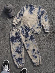 SHEIN Coolqubz 男童數位印花紮染運動衫套裝，秋季圓領長袖上衣與慢跑褲2件套，休閒運動時尚日常穿搭 - 彩色 - 查看 3