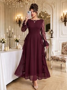 Roveilla Gaun Panjang Wanita Ukuran Besar Elegan Bergaya Vintage Romantis untuk Pesta Pernikahan, Bahan Chiffon Warna Polos, Leher Bulat, Lengan Berenda Kontras, Desain Ruffle, Musim Gugur/Dingin - Burgundy - View 5