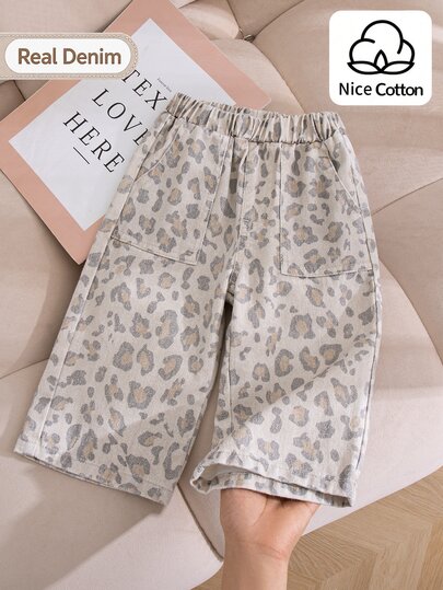SHEIN Playful Pals Baby Girls INS Style Vintage Animal Print Print Wide Leg Denim Jeans Korean Version Versatile Elastic Waist Straight Leg Long Pants Baby Girl Brand