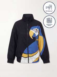 CAJUNI Oversized Sports Windbreaker Jacket– Tropical Blue Macaw Print - Black - View 5