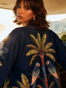CAJUNI Women's Coconut Tree Pattern Casual Daily Kimono Cover Up - Navy Blue - View 7